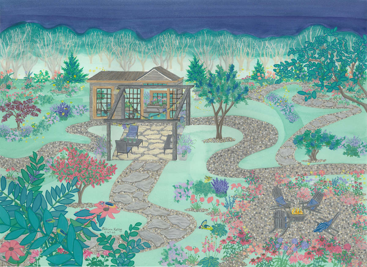 Fireflies by Patricia A Kelley  Image: Patricia Kelley, Fireflies, 2023, Watercolor, 18 x 24, Artist's Home, A lovely garden at night with the twinkling of fireflies all around!