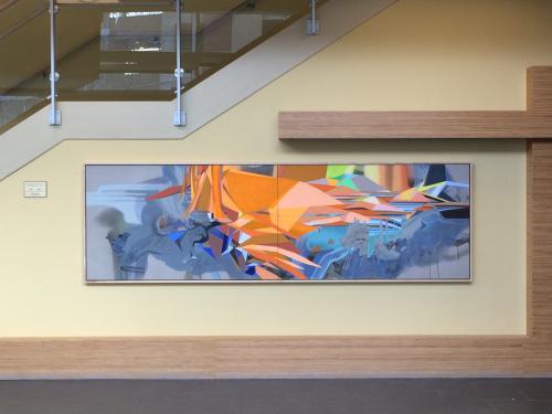 University of Akron - (AU Polymer Processing Center) by Janice Lessman-Moss, Gregory Little, Dana Oldfather  Image: Dana Oldfather, "Untitled #1"
36'' by 120''
Oil, acrylic, ink, and spray paint 