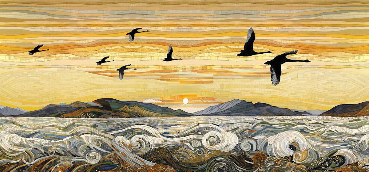 Flying Swans at Dawn by Georgia Allan-Hadley, Finn MacLeod  Image: Flying Swans at Dawn