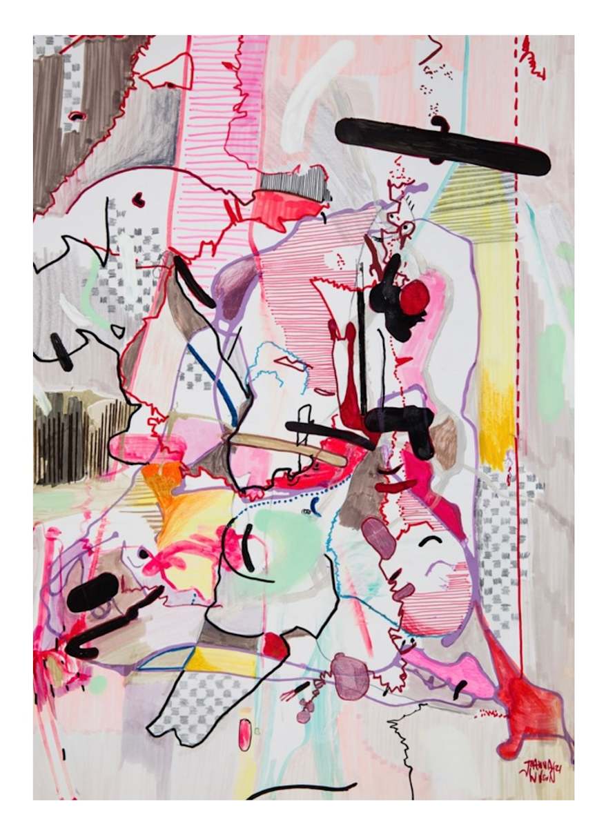 Clarity by Joanna Wilson  Image: This painting features a female figure seated on the ground, her hand pressed to the floor as she enters into a state of meditation. The checkerboard patterns and repeated lines are suggestive of time elapsed, providing anchorpoints in an otherwise disorienting array of vibrant colours. Rather than a tranquil dream state, the intensity and freshness of the palette—hot pinks, mint greens and acidic yellows—suggest the inner energy that the female figure is bringing to bear on this outwardly quiet moment of introspection.