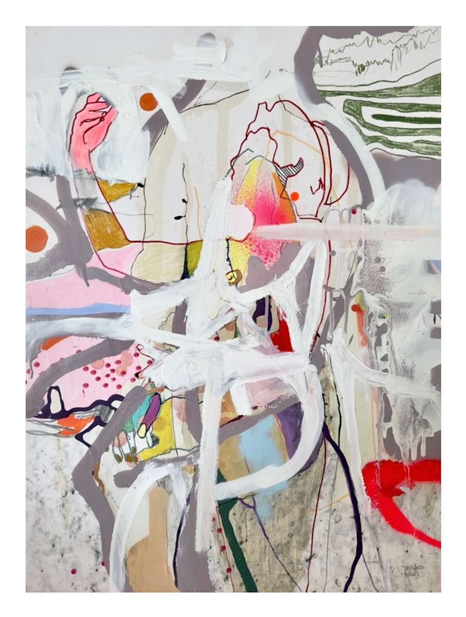 A Ritual by Joanna Wilson  Image: If A Prayer is a hymn, then A Ritual is the ceremonial dance that goes with it. While the abstraction prevents us from seeing the entirety of anything, figurative elements come and go like choreography, suggesting a moment of transcendental significance. These gestural qualities are particularly apparent in the white brushstrokes of the foreground. Broad and opaque, with these we sense a body that moves with purpose and intention. Elsewhere, the palette is both richly coloured (crimson red, vibrant pink, papal violet) and quietly reverent (off-white, fawn, French grey). In this way, it is emblematic of the lived experience of rituals: on the one hand an outward spectacle or performance; and on the other a moment of private introspection.