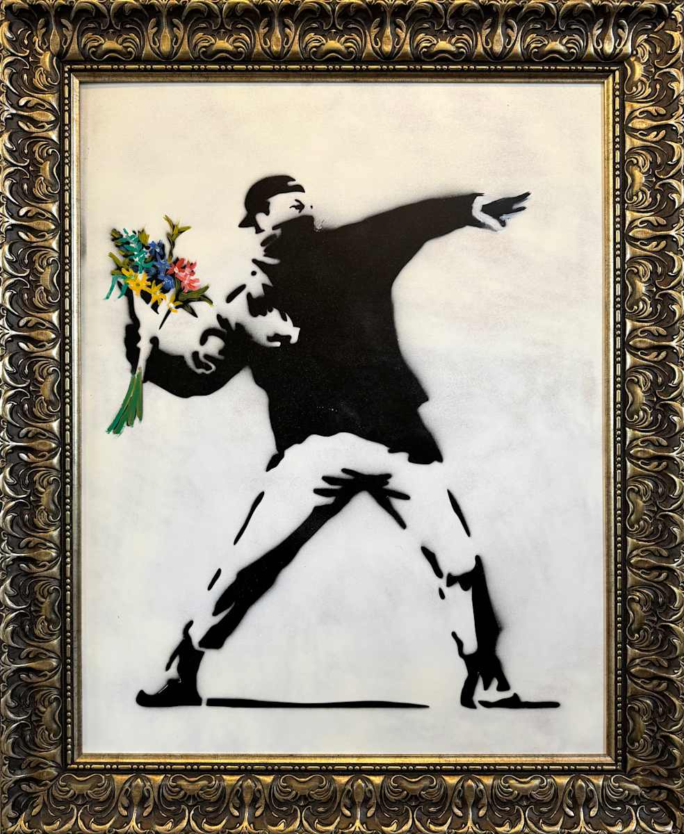 'The Flower Thrower with Handpainted Flowers' After Banksy by David Henty 