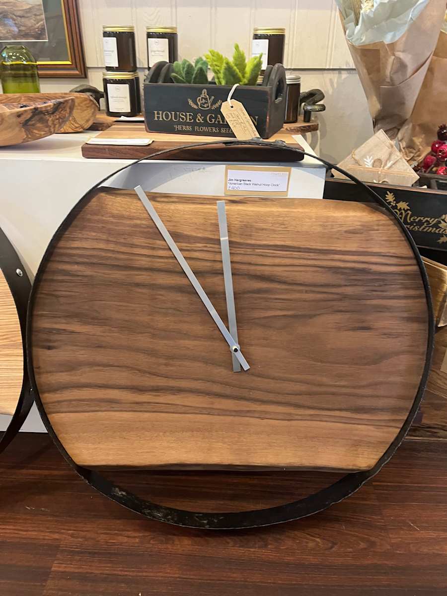 American Black Walnut whiskey Hoop clock by Jim Hargreaves 