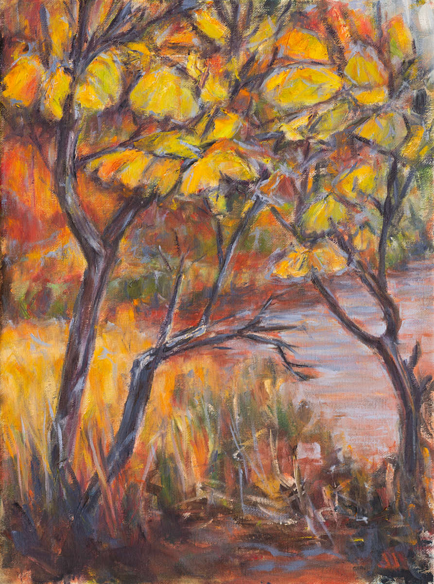 Arboretum Autumn Colours by Janet Jardine  Image: Down by Cootes Paradise in the Royal Botanical Gardens' Arboretum - along the trails. The leaves were just starting to turn, with some of the yellow-greens just glowing when the sun shone through. Painted en plein air; as the light changed, the colours in the background popped a bit and the shapes and colours of the scene verged on abstraction. 
I did not quite get the effect I was aiming for, so Once back in the studio, the colours seemed to sink into the canvas (comparing original photo with the actual painting), so took liberties with colour and line and memory,  back in the studio.