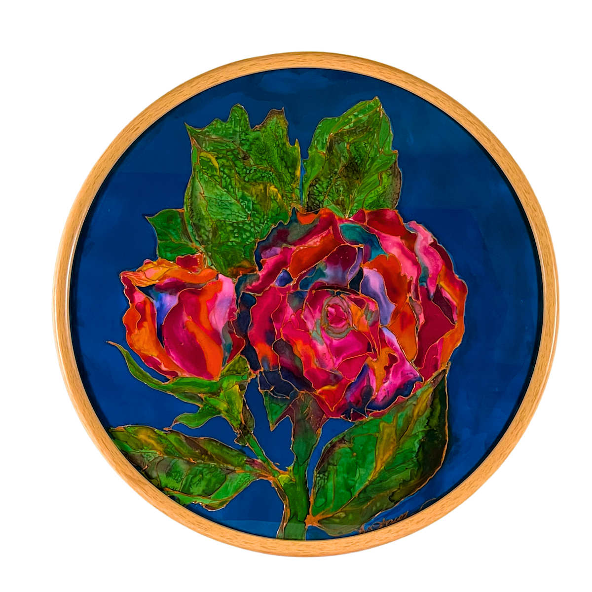 Forever by MJ Okawa  Image: Celebrate the timeless elegance of roses with “Forever “, a stunning round silk painting framed in natural wood.