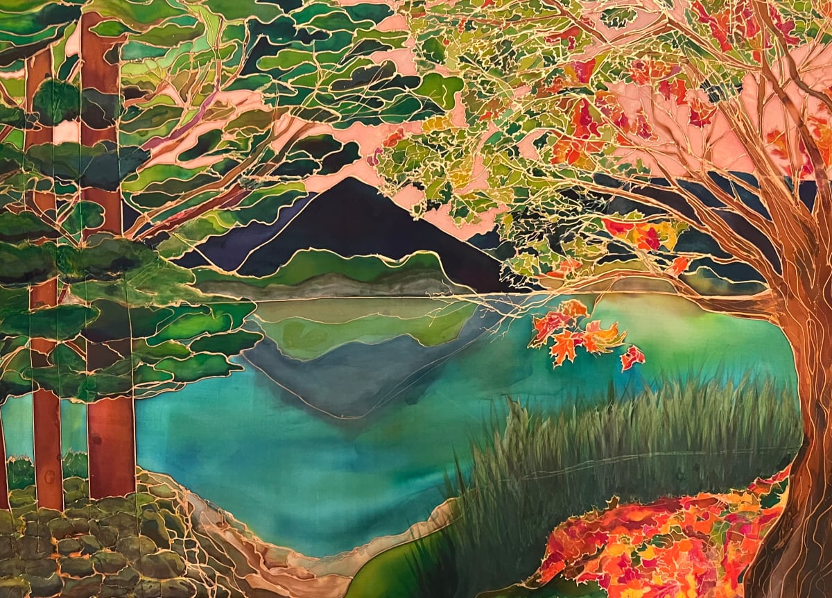 Reflections by MJ Okawa  Image: Discover the serene beauty of Reflections, an award-winning silk painting celebrating the harmony of nature. The original and Limited Edition Prints are available in various sizes and finishes.