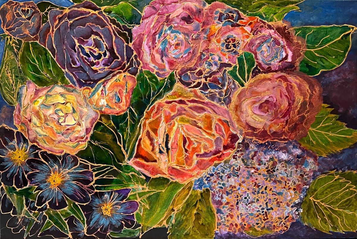 Antique Lace by MJ Okawa  Image: Celebrate timeless elegance and romance with “Antique Lace“, a vibrant silk painting of a lush floral bouquet. The original and Limited Edition Prints are available in various sizes and finishes.
