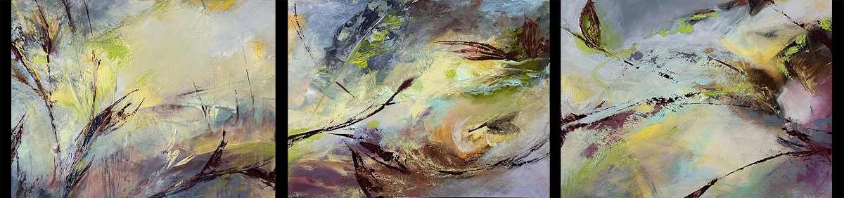 Insistent by Jan Elbert  Image: Triptych- each section 9x12", framed 13.75"w x 10.75"
Full triptych (installed) measures approx. 10.75" h x 45" w