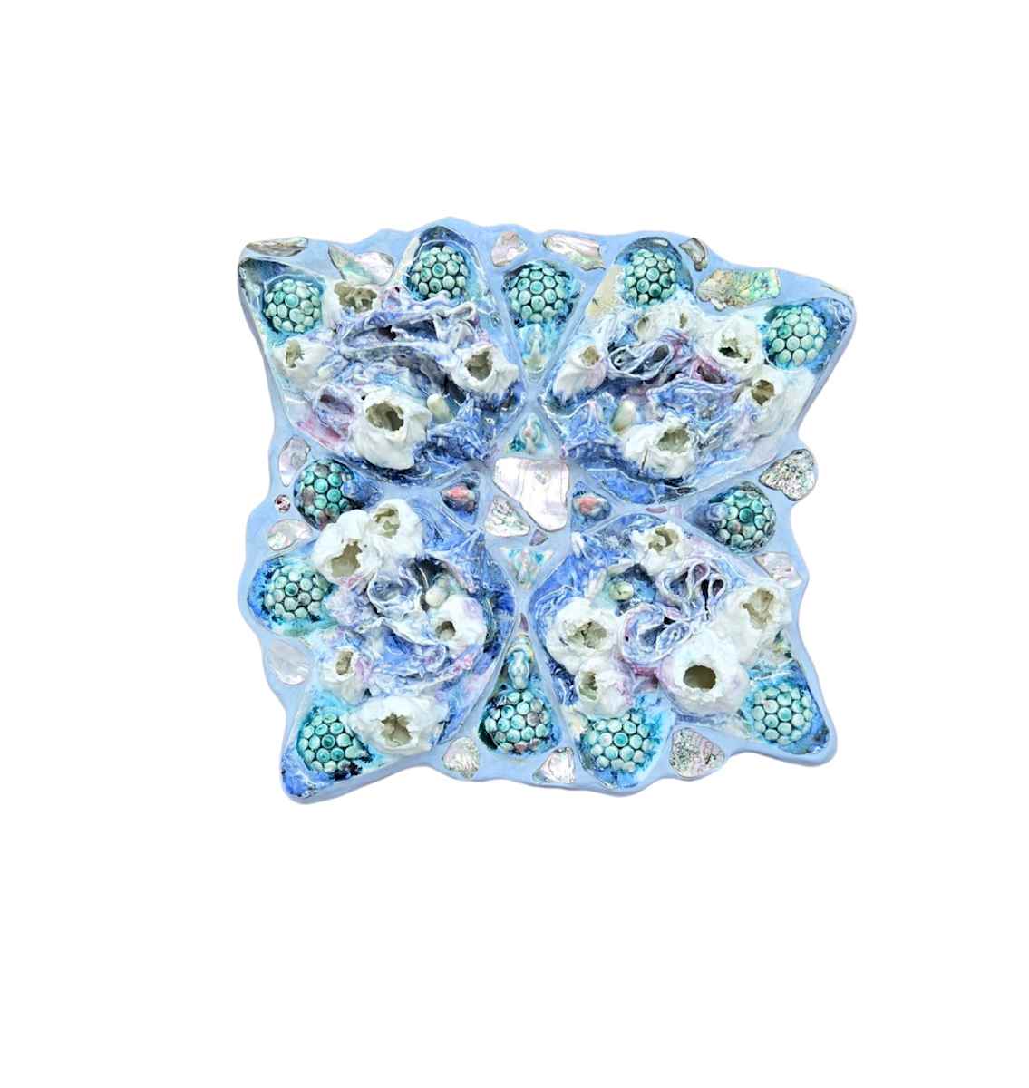 Relinquish Quadrant by Kate Rusek  Image: porcelain, glaze, epoxy clay, foraged abalone and mahogany clam on wood panel, 2025,
18 x 18 x 4 in 