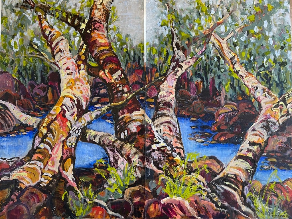 Paroo River, Eulo | Dyptich by Suellen Tomkins  Image: The Paroo River was reimaged following a series of onsite sketches and photographs. 