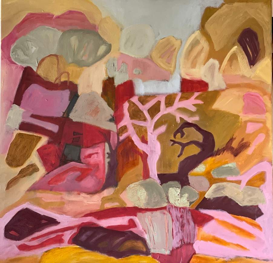 White Station by Suellen Tomkins  Image: In this version, I push my response to the view towards a more exaggerated landscape, using shapes to represent hills, rocks, the ground, trees, shrubs and grasses. The heat of the outback is represented with warm ochres and exaggerated with vivid red and pinks. 