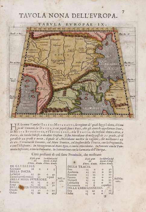 Page from the book "Tabula nona dell'Europa", on the front the map of Dacia, on the back the map of Macedonia, Venice by Giovanni Antonio Magini 