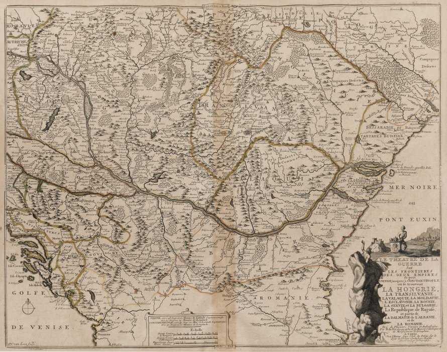 Map war theatre Hungary, Transylvania, Wallachia, Moldova, Slavonia, Bosnia, Serbia, Bulgaria, Republic of Ragusa and Dalmatia, Paris by Nicolas de Fer 