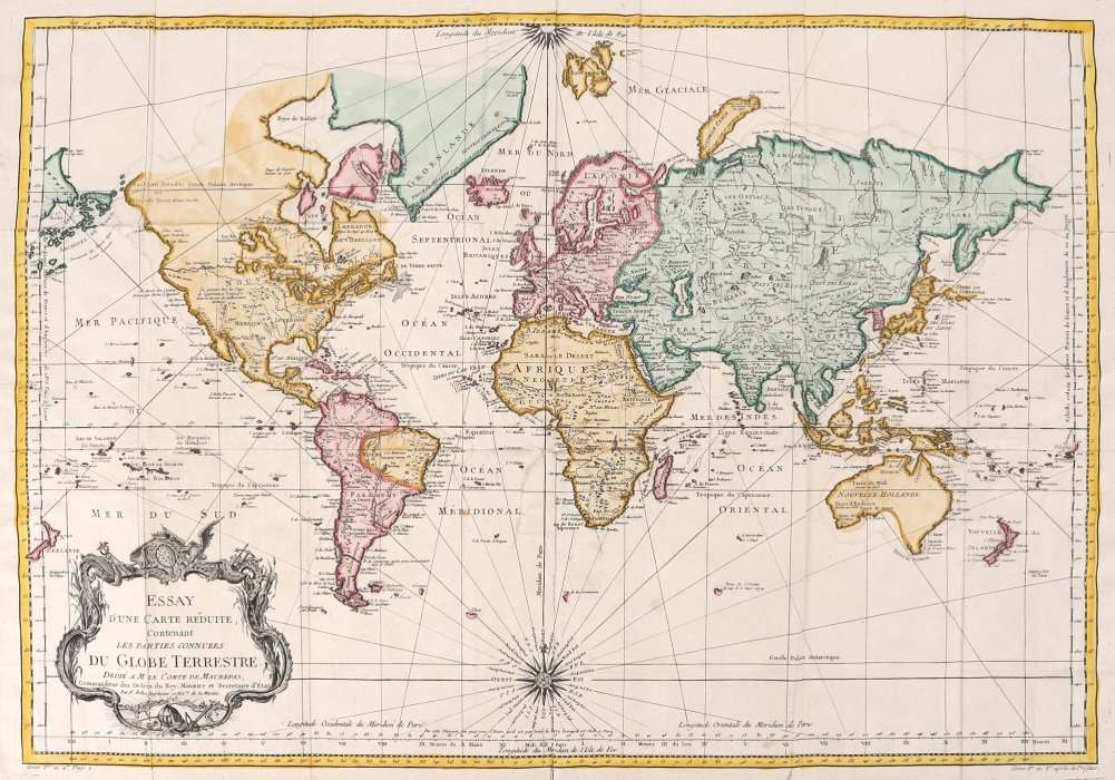 The Known Parts of the Globe, Paris by Jacques Nicolas Bellin 