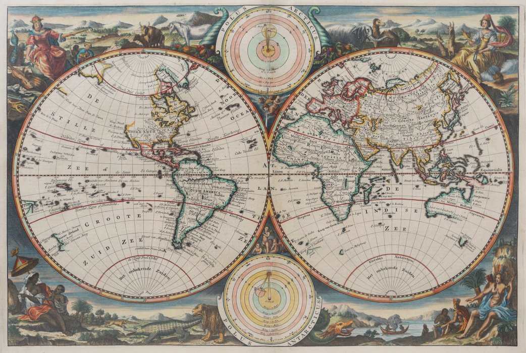 World map and the motion of the planets in the solar system, Amsterdam by Pieter Keur 