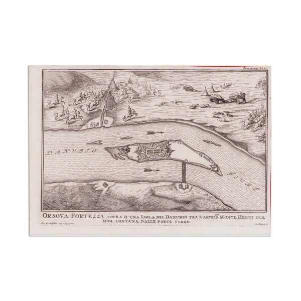 Orshova Citadel above an island on the Danube (Ada Kaleh) by Giuseppe Filosi, Gio. de Honftein 