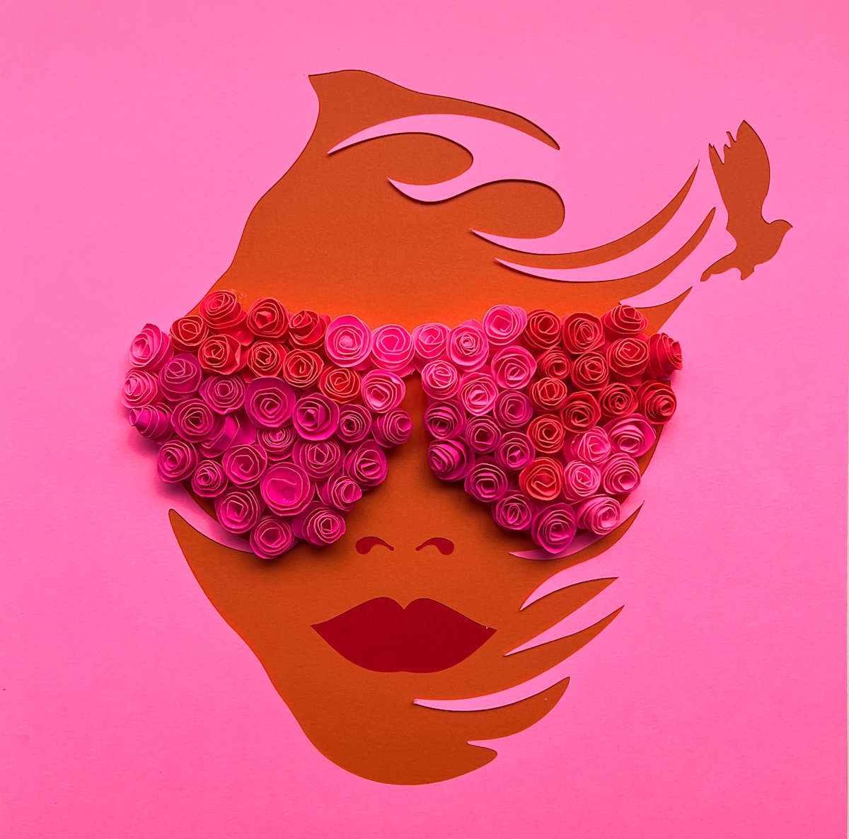 In Bloom (Pink) by Jessey Jansen  Image: 12 x 12 layered paper collage embellished with hand-rolled paper roses