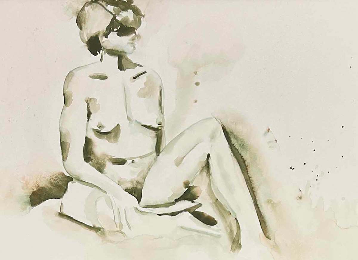 Soft Figure by Mary Mastren-Williams  Image: The artwork is a watercolor painting of a seated, nude figure. The composition focuses on the human form, using soft washes and subtle shading to define the body's contours. The pose is relaxed, and the figure is set against a minimalistic background, emphasizing the delicate use of light and shadow. The overall tone is gentle and serene, capturing a sense of calm introspection.