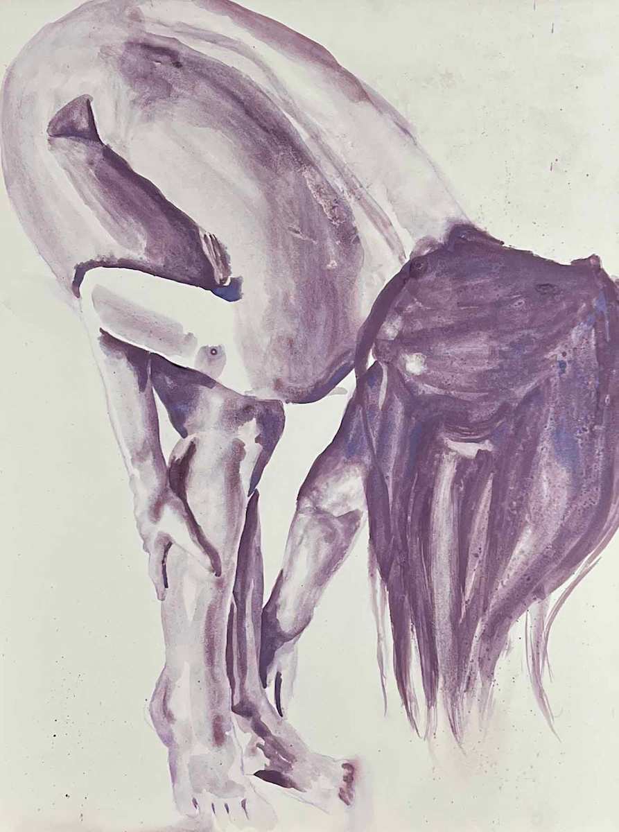 Figure in Fluid Motion by Mary Mastren-Williams  Image: The artwork is a monochromatic painting featuring an elongated figure of a person bending forward. The figure is primarily painted in shades of purple, with their head tilted down and long hair cascading towards the ground. The pose accentuates the contours and musculature of the body, creating a sense of movement and fluidity.