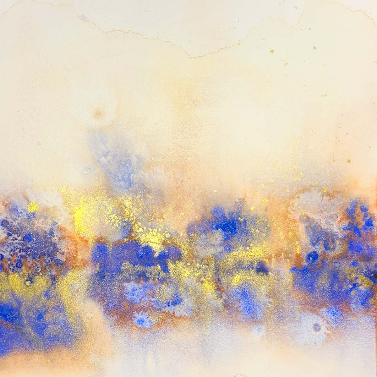 Frosty Marsh by Mary Mastren-Williams  Image: The artwork is an abstract composition featuring a blend of colors, primarily white, gold, violet, and blue. It creates a dreamy, ethereal atmosphere with the colors transitioning smoothly into one another. Gold speckles intersperse the piece, adding a shimmering effect, while the blue patches provide a sense of depth and movement. The overall tone is soft and atmospheric, evoking a sense of calm and fluidity.