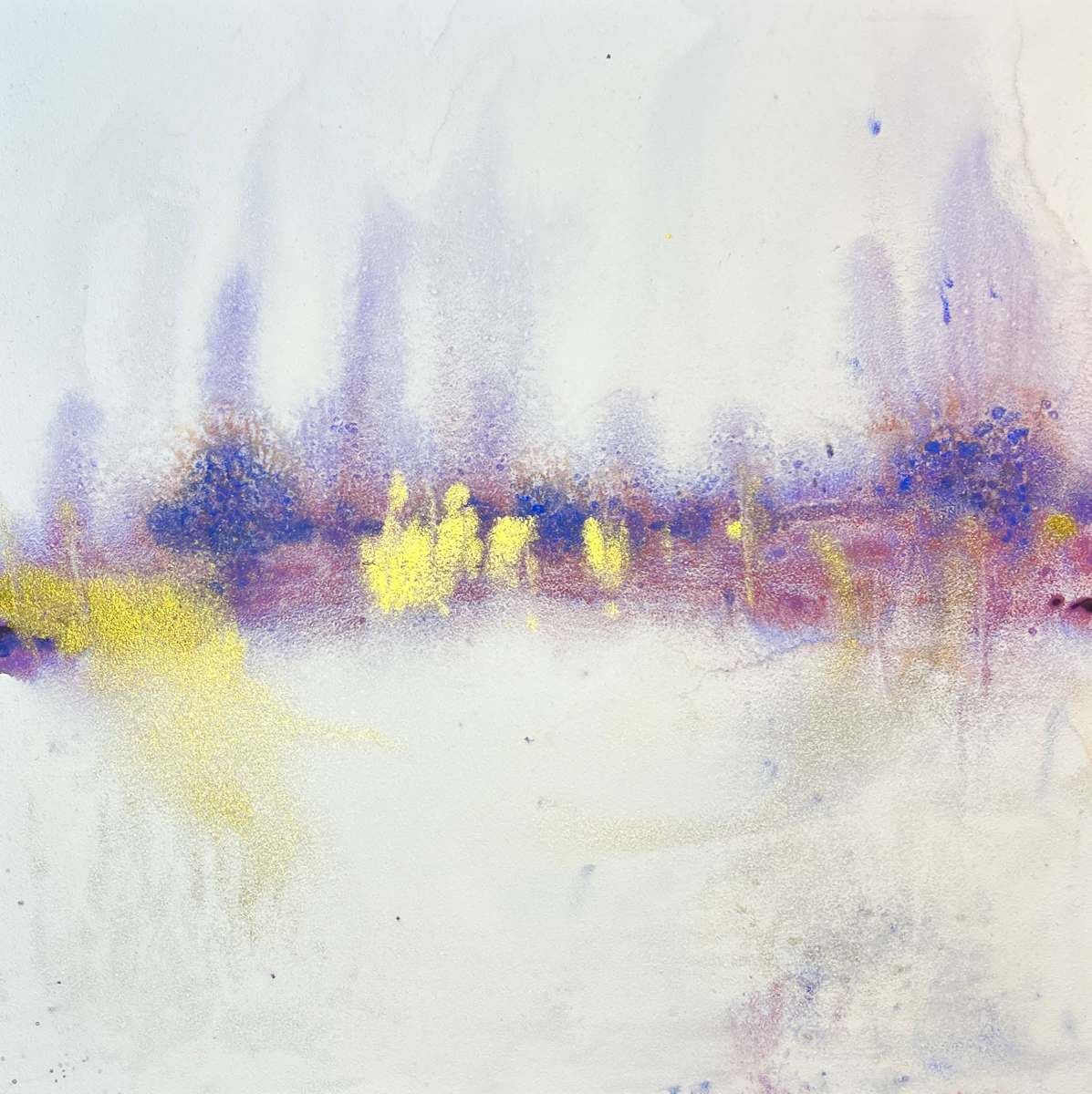 Violet Tundra by Mary Mastren-Williams  Image: The artwork is an abstract piece featuring a blend of pastel colors with a soft, ethereal quality. Predominantly using shades of purple, yellow, and white, the composition creates a sense of depth and motion. The colors are diffused and layered, producing a dreamlike atmosphere reminiscent of an abstracted landscape or a foggy vista. The texture adds a dynamic element, enhancing the immersive experience of the piece.