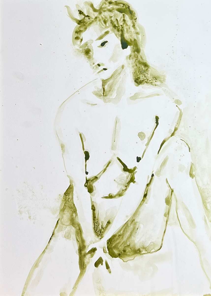 Introspective Posture by Mary Mastren-Williams  Image: The artwork is a monochromatic watercolor painting depicting a seated nude figure. The use of delicate brushstrokes creates a sense of fluidity and softness. The figure's posture is relaxed, with an emphasis on the contours and shadows of the body. The artwork conveys a sense of introspection and tranquility.