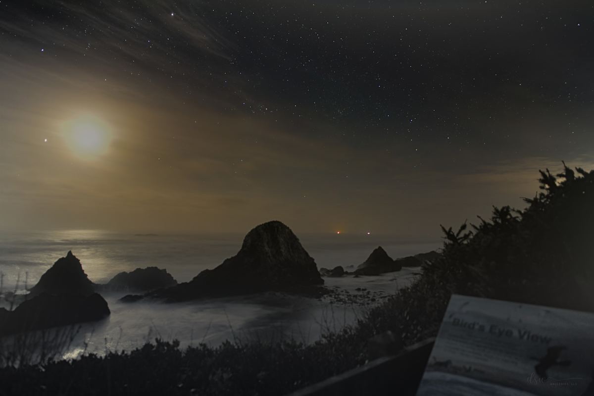 Bird's Eye View, First Edition, Metal, Silver Satin, 16" x 24" by Jeremy Likness  Image: Bird's Eye View of Jupiter and the Moon over stacks at Seal Rock, Oregon.
