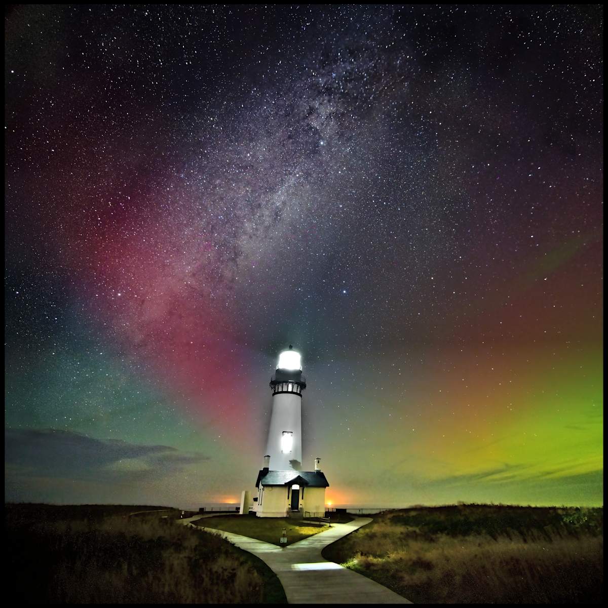 The Crossroads by Jeremy Likness  Image: The crossroads between SAR bands, the Milky Way, aurora and our dear Yaquina Head Lighthouse.