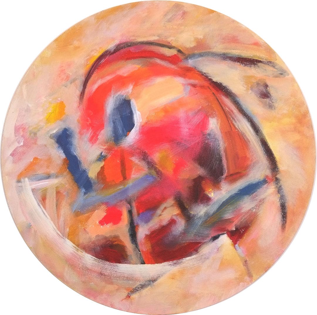 Purple rabbit by Maria Savchenko  Image: Circular painting. Edges finished with copper nails.