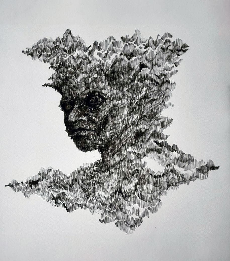 Retrato de un migrante by Rolando Monterrosa  Image: rostro formado por  líneas inconscientes, mirando hacia  lo que dejó y extraña. Cada trazo encapsula la nostalgia y la pérdida, reflejando la profunda conexión con el pasado y la complejidad de la experiencia migratoria.