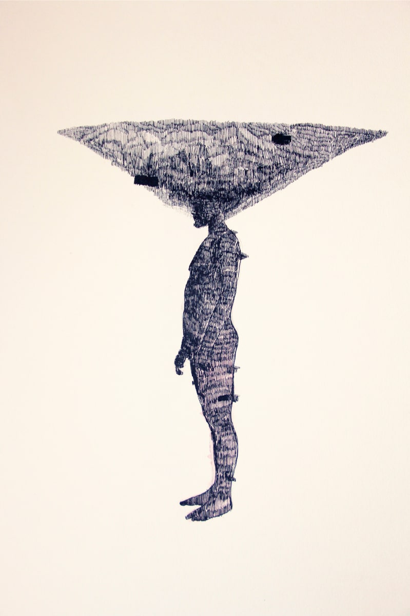 Lejos de la frontera I y ll /   far from the border by Rolando Monterrosa  Image: Este díptico a tinta muestra dos perspectivas: un migrante que mira hacia fuera en busca de oportunidades y otro que añora volver a su tierra. En diferentes contextos, ambos reflejan la dualidad del deseo de partir y la añoranza del hogar.