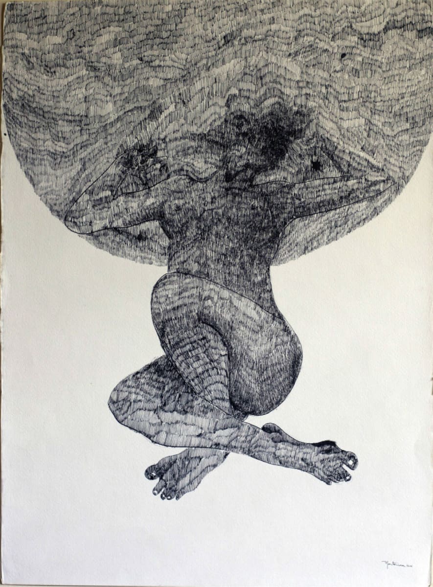 Recuerdo by Rolando Monterrosa  Image: El dibujo 'Recuerdos' explora la intensidad y complejidad emocional del pasado a través de líneas verticales que sugieren la persistencia y la profundidad de las experiencias vividas. La presencia de una nube redonda simboliza la constante influencia de los recuerdos en el presente, creando un paisaje emocional marcado por la huella de lo que fue