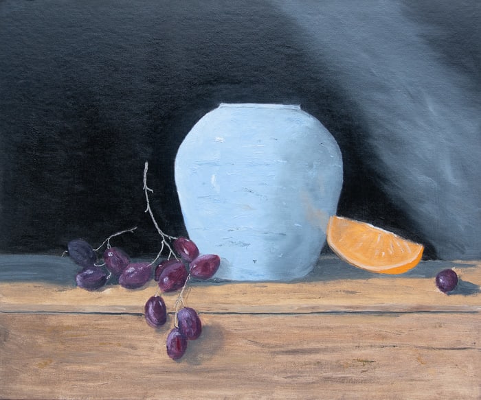 Still Life Vase with Orange and Grapes 