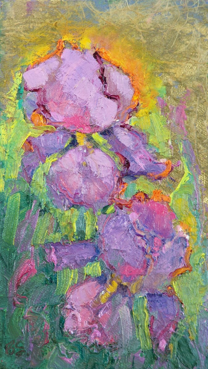 Irises on Goldleaf by Barbara Schilling  Image: Mixed media with gold leaf and rice paper collage textures