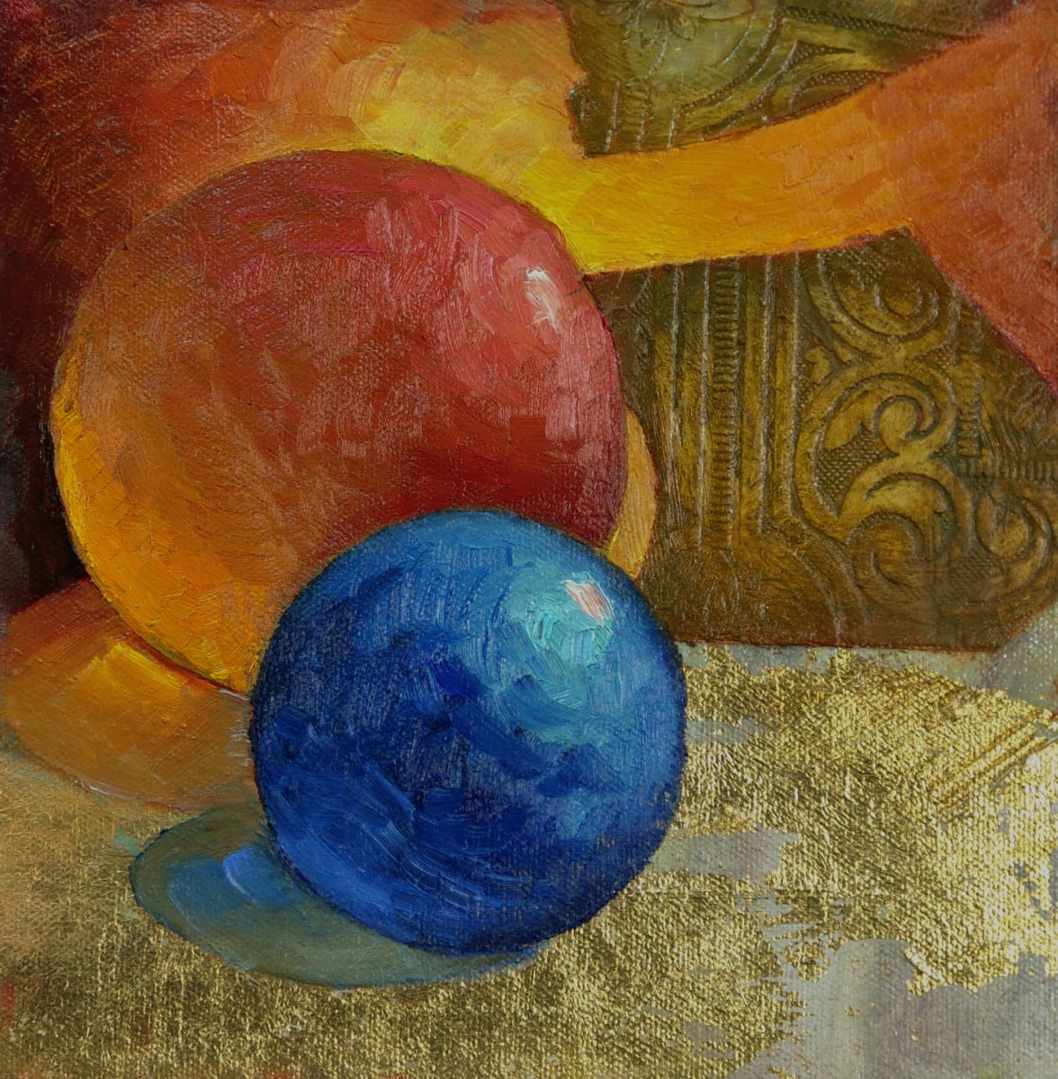 Orange and Blue Globes on Goldleaf by Barbara Schilling  Image: unframed