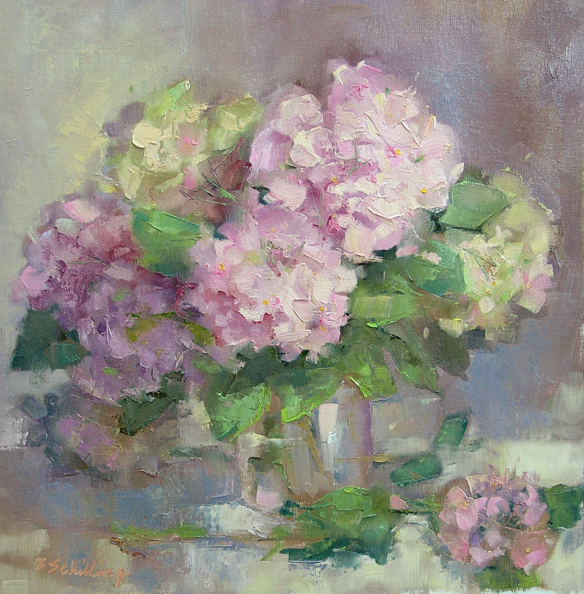 Pale Hydrangeas in Clear Glass by Barbara Schilling 