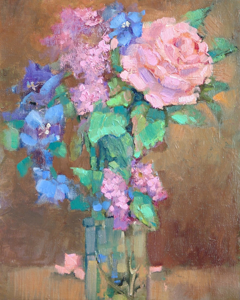 Pink Rose and Bluebells by Barbara Schilling 