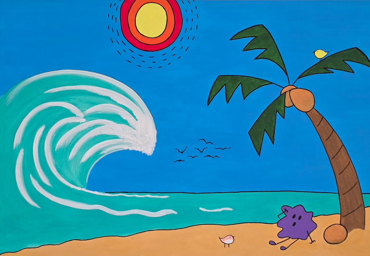 Trouble in Paradise by Eileen Saunders  Image: Double trouble. You'd think a beach would be safe until a coconut falls on your head while a huge wave threatens. 