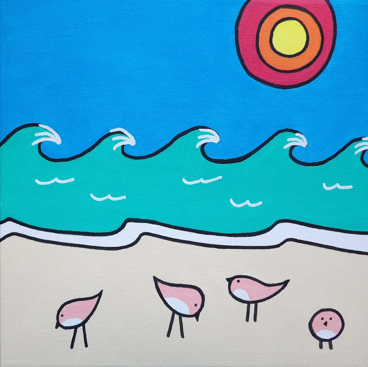 Beach Birds 1 by Eileen Saunders  Image: Four little plovers foraging on the beach while waves roll ashore.