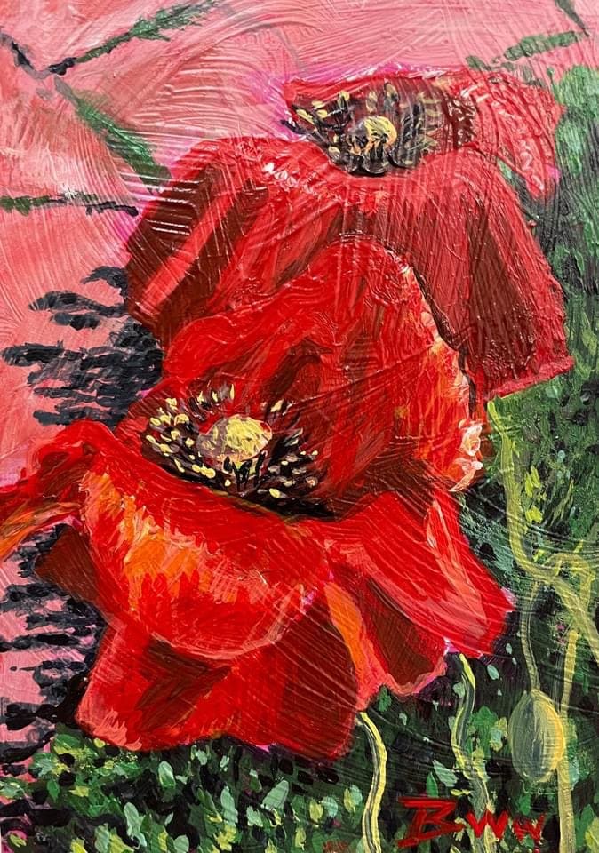 Aspen Poppies (Black Frame) by Beth Walldorf  Image: This painting features a pair of vibrant aspen poppies, photographed in Aspen, Colorado while visiting the John Denver Sanctuary. The bold, saturated reds stand out against soft green and neutral tones, with a textural underpainting adding depth and movement throughout the composition. Painted with professional artist-quality acrylics on wood panel, the piece is presented in a black floater frame, wired and ready to hang.