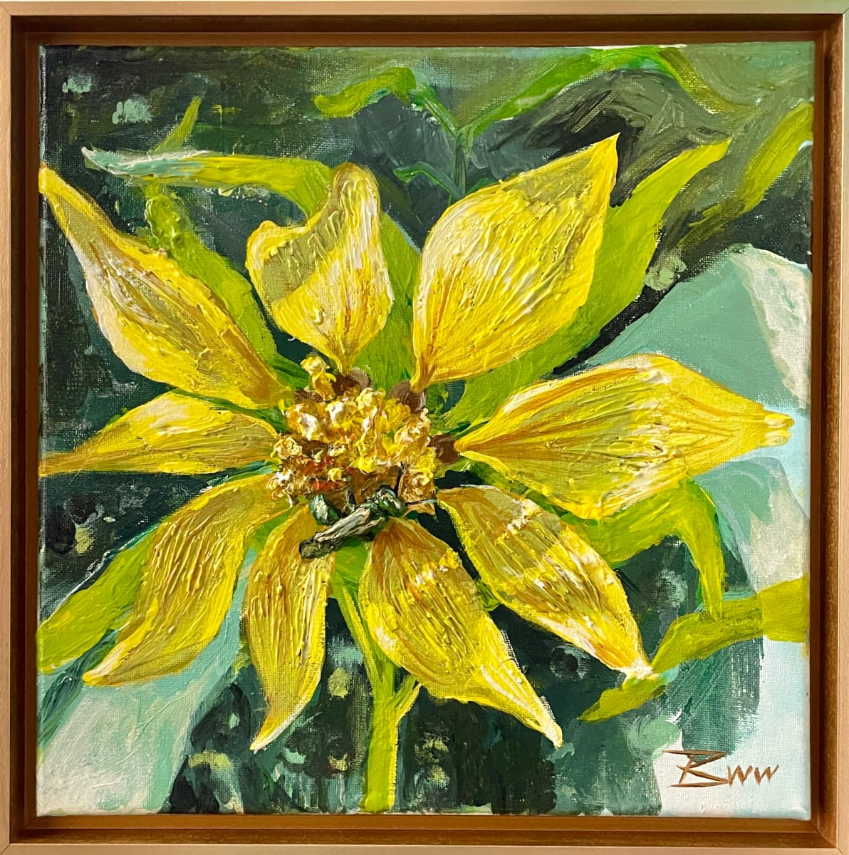 Bear Foot and the Metallic Green Bee by Beth Walldorf  Image: This painting features a native Alabama sunflower called Bear’s Foot, also known as Hairy Leafcup. The reference image was photographed at Village Point Park Preserve in Daphne, Alabama, where the bloom caught the light beneath the trees. The metallic green bee at the center is built up in 3D with modeling paste to create texture and dimension. Painted with professional artist-quality acrylics on canvas and set in a honey-colored floater frame, the piece is varnished for protection and comes ready to hang.