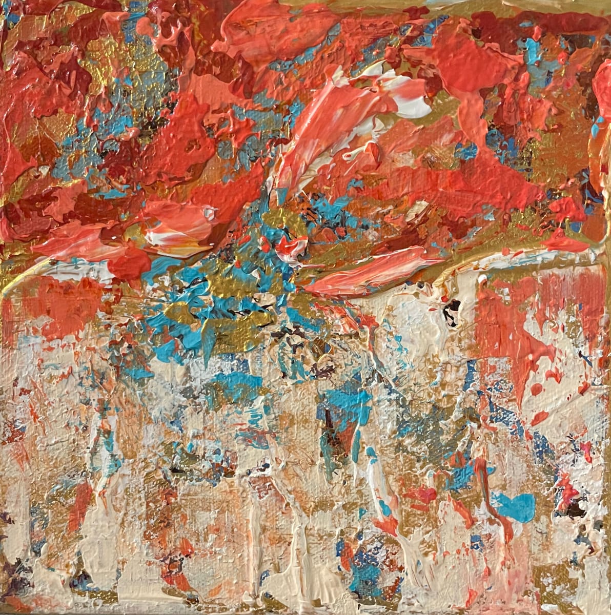 Orange Delight by Beth Walldorf  Image: This highly textured piece features flecks of gold paint dispersed throughout. 