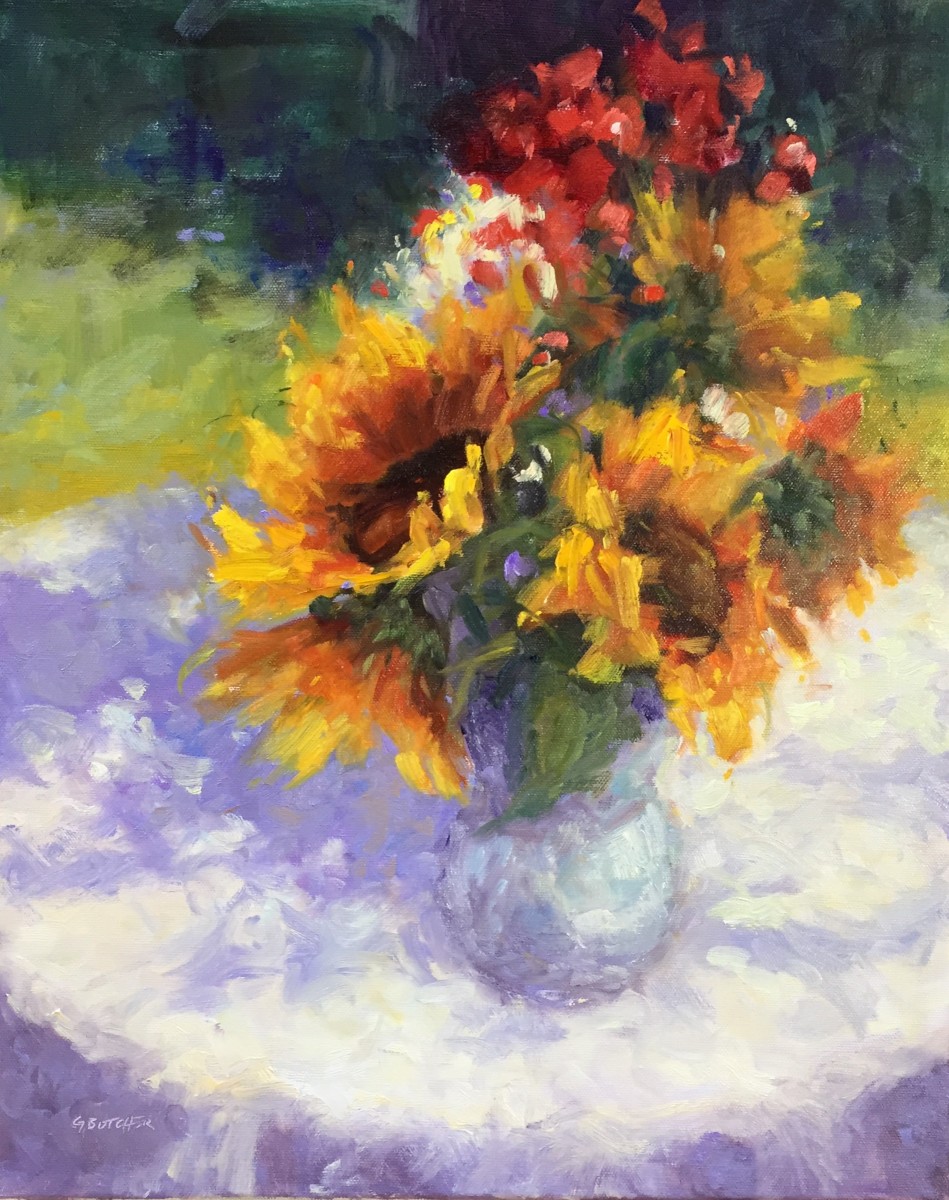 Sunflowers and Geraniums  by Ginny Butcher 