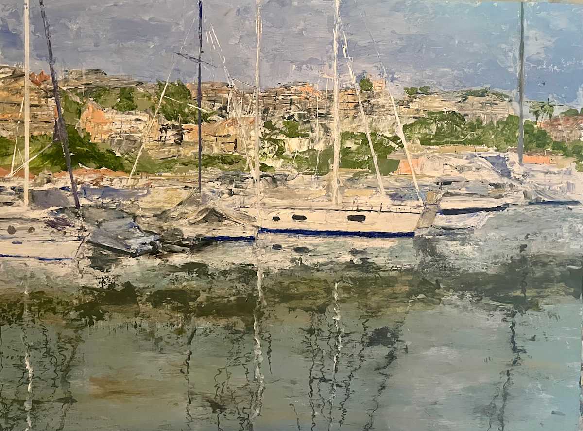 Mosman Bay by Ian Collins  Image: Moored yachts mirrored in calm water, with soft greens and muted blues blending into the urban backdrop. A study of stillness and subtle movement.