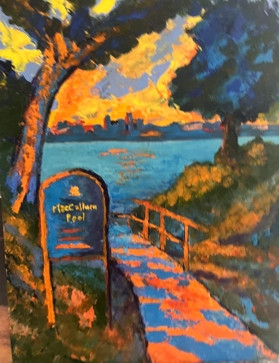 MacCallum Pool by Ian Collins  Image: A vibrant, impressionistic scene depicts a sunlit path leading to MacCallum Pool, framed by glowing orange and blue trees, with a fiery sunset illuminating the water and distant city skyline