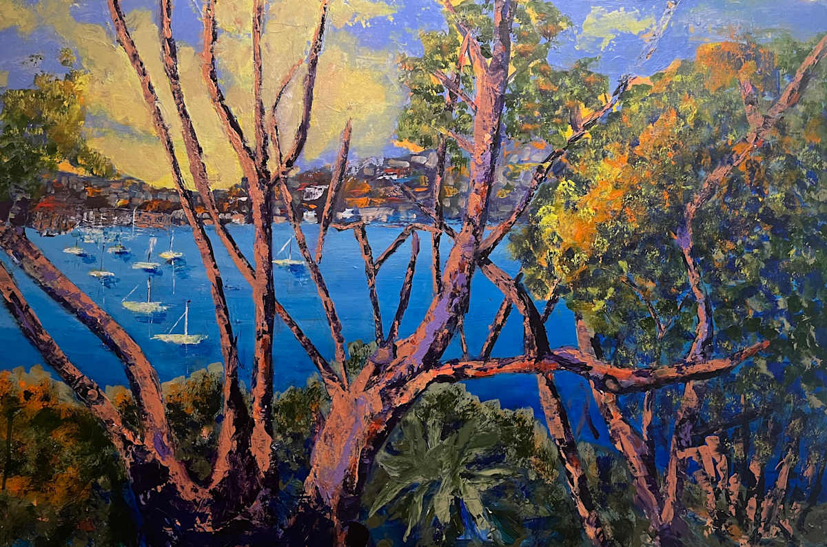 Mosman Bay through the Trees by Ian Collins  Image: Mosman Bay framed by sunlit tree trunks and lush foliage