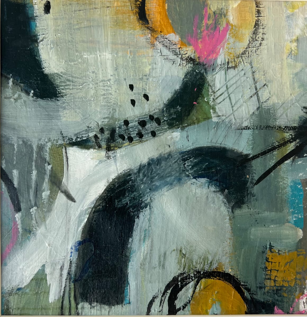 A Shot of Pink by Margi Smith  Image: Playful pink and warm ochre provide the spark to this cool sage green gray composition. This piece is filled with movement and surprise.
