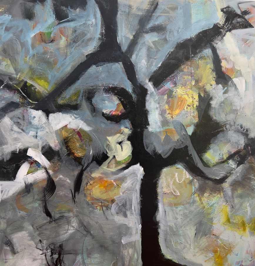 "She holds us" by Margi Smith  Image: Her ancient branches hold the echoes of lives lived. The joys, losses, laughter, storms that life provides are stored  in pockets of shadow and brilliance.