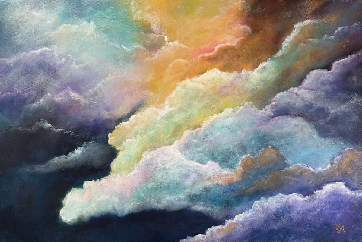 My Father Returns Home by Kimberly Altman  Image: I painted this a couple of weeks after my father passed away, at 98 1/2 years old. When I started the painting, I really didn’t have a theme in mind. The painting took on a mind of its own, turning into beautiful, colorful clouds that I would hope that my father passed through on his way to his final resting place.
