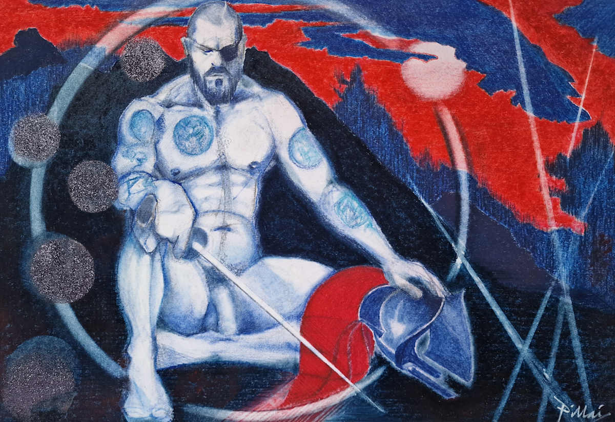 Resting warrior by Project Anteros  Image: Mixed media: conte, biodegradable diamond dust, pastel